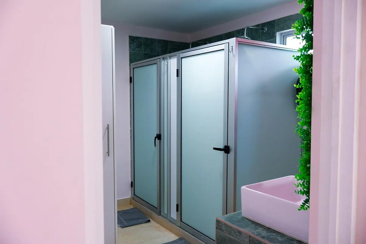 Frosted shower doors beside a pink basin and the plant wall
