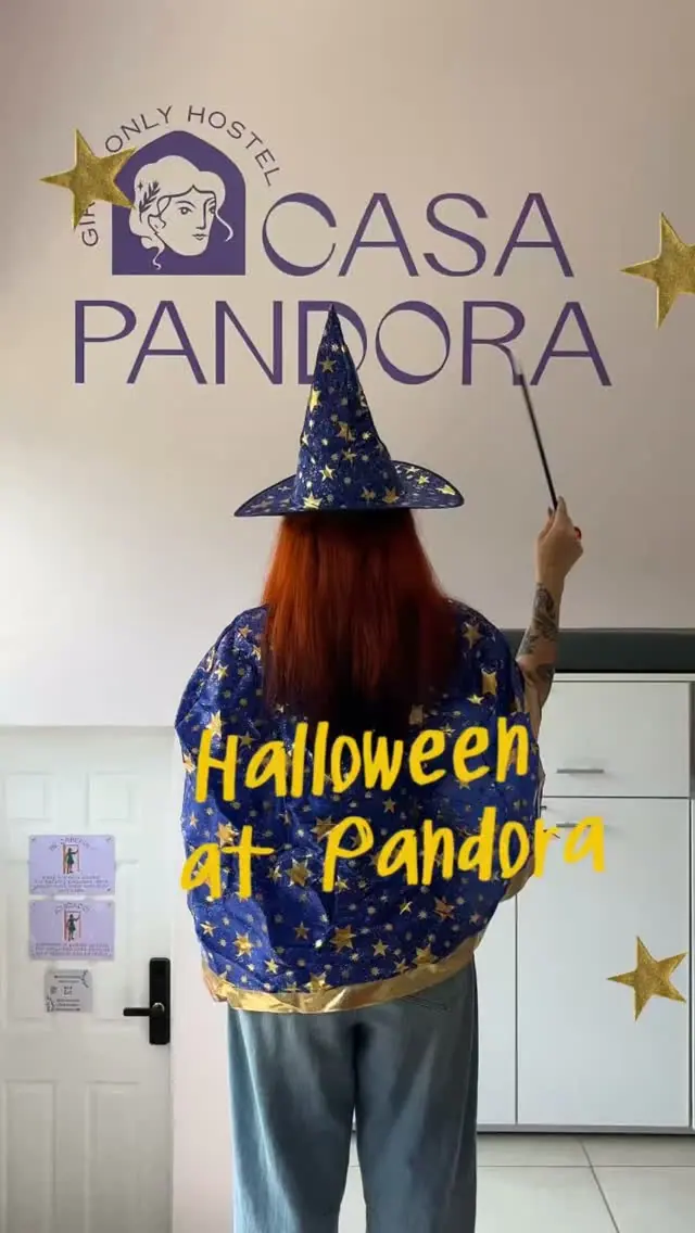 Cover of the October reel “Halloween at Pandora”: a guest in a witch hat and starry cape at the wall logo