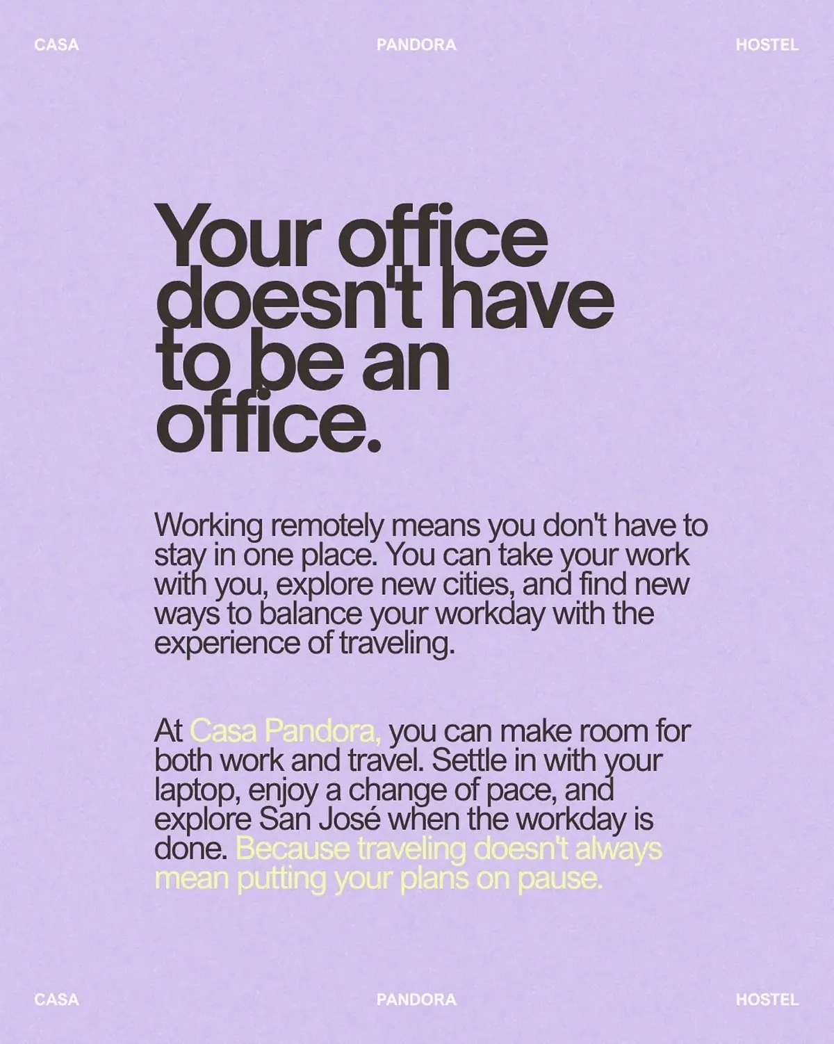 Casa Pandora Instagram slide in lilac: “Your office doesn’t have to be an office.”