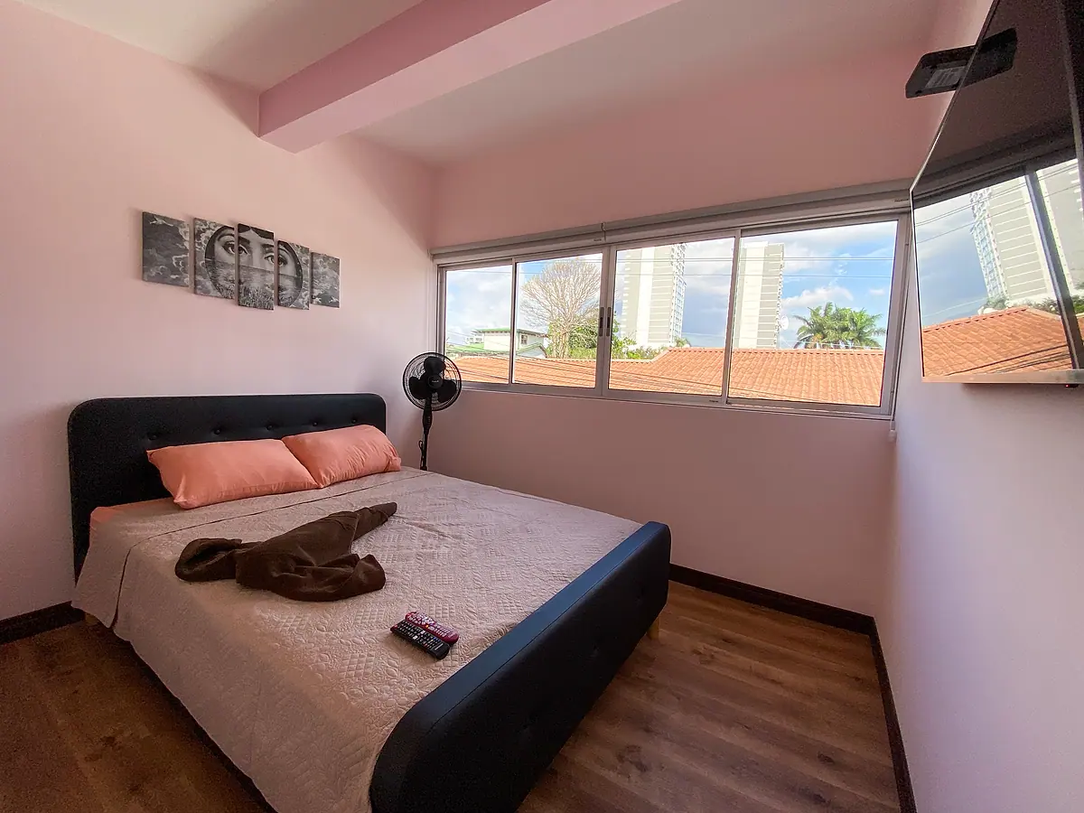 Pandora private room: queen bed with peach pillows, a big window, wall-mounted TV and a standing fan